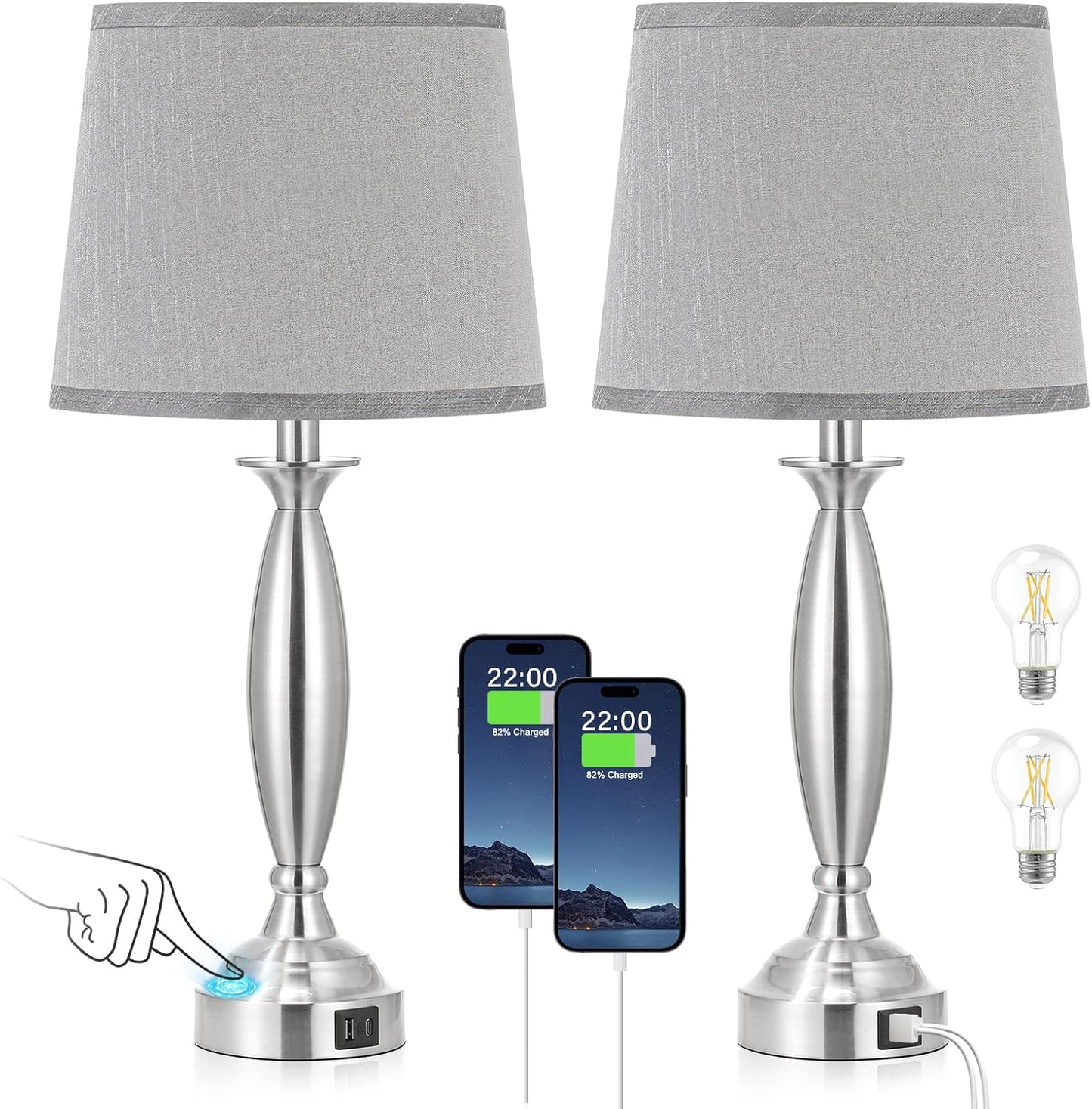 Touch Control Bedside Lamp Set with USB Ports for Bedrooms