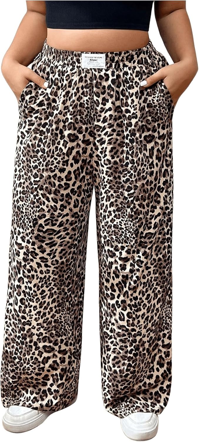 Women's Leopard Print Straight Leg Pants with Elastic Waist