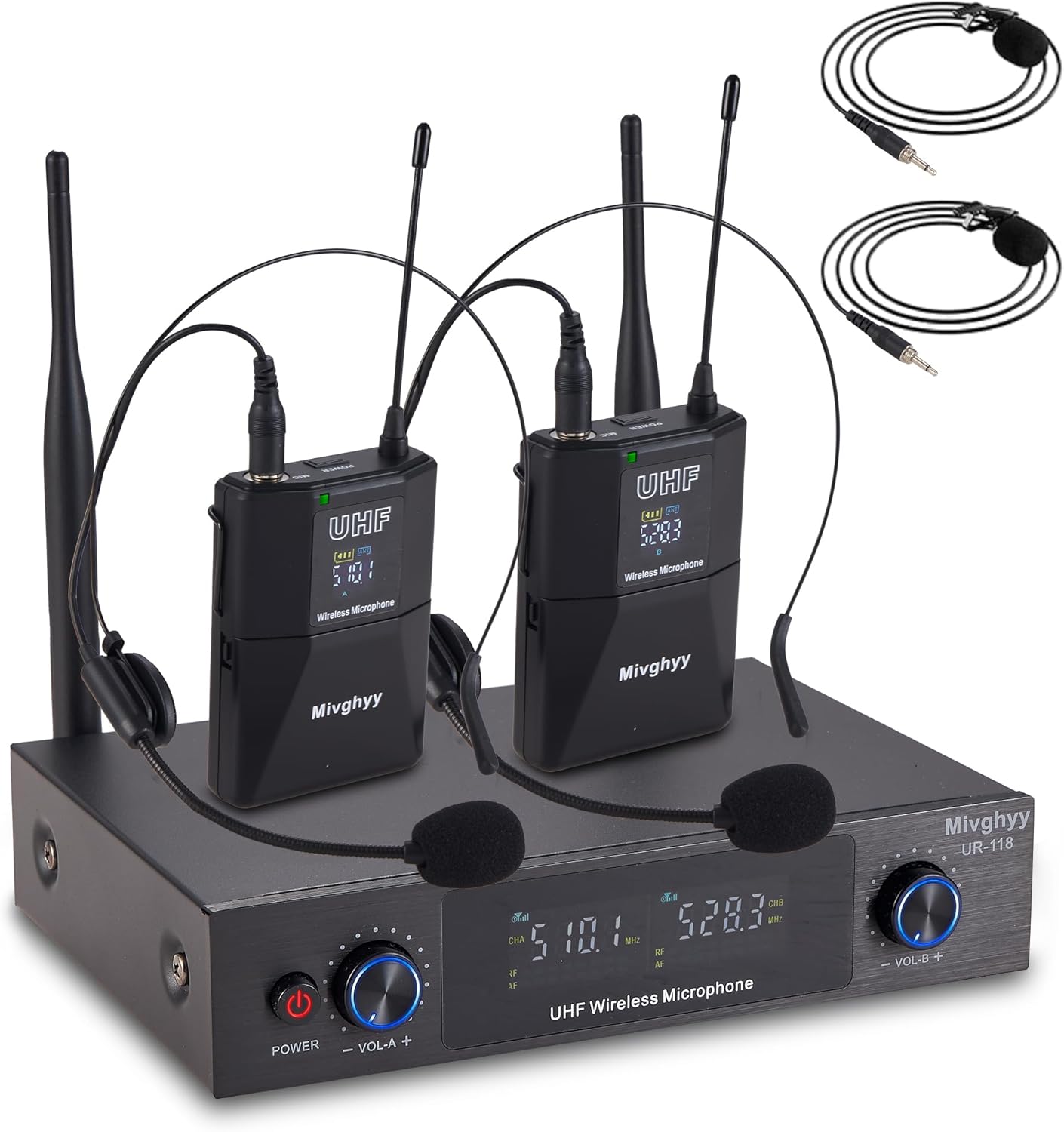 Wireless Microphones System with UHF Headset and Lavalier Mics