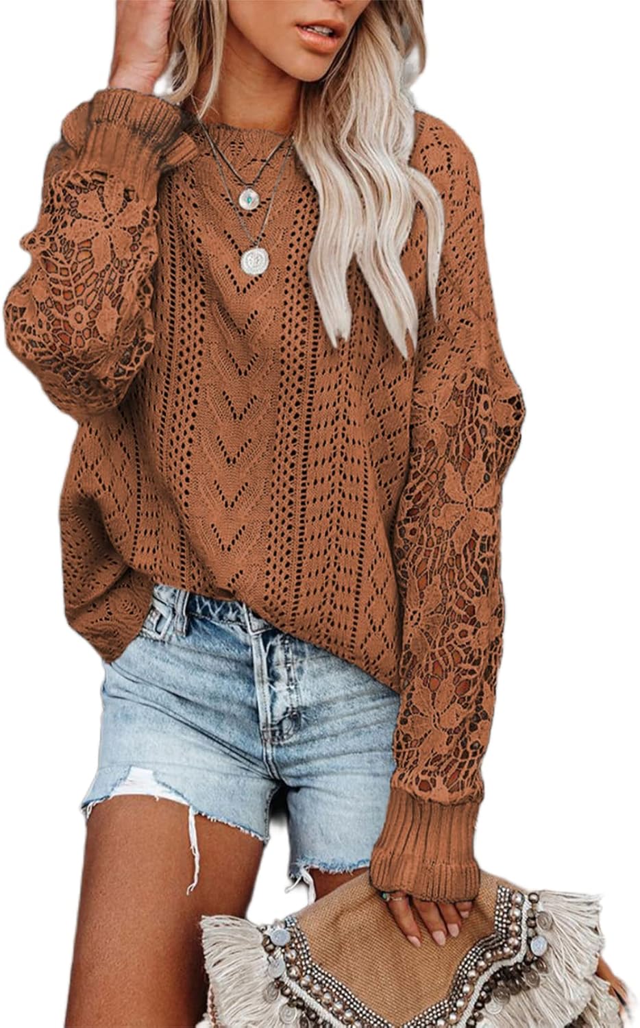 Dokotoo Womens Crochet Lace Long Sleeve Sweater for Fashion