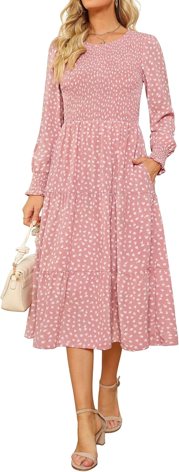Zattcas Womens Fall Dresses Long Sleeve Smocked Midi Dress