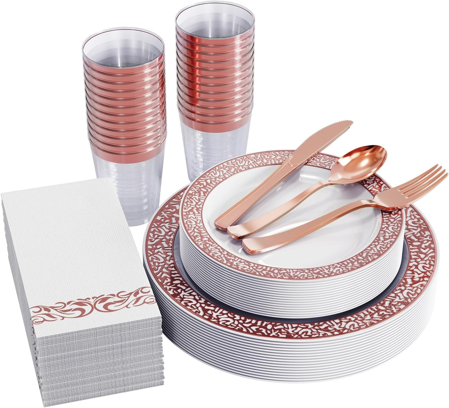 FOCUSLINE Rose Gold Dinnerware Set for 25 Guests, 175 Ct