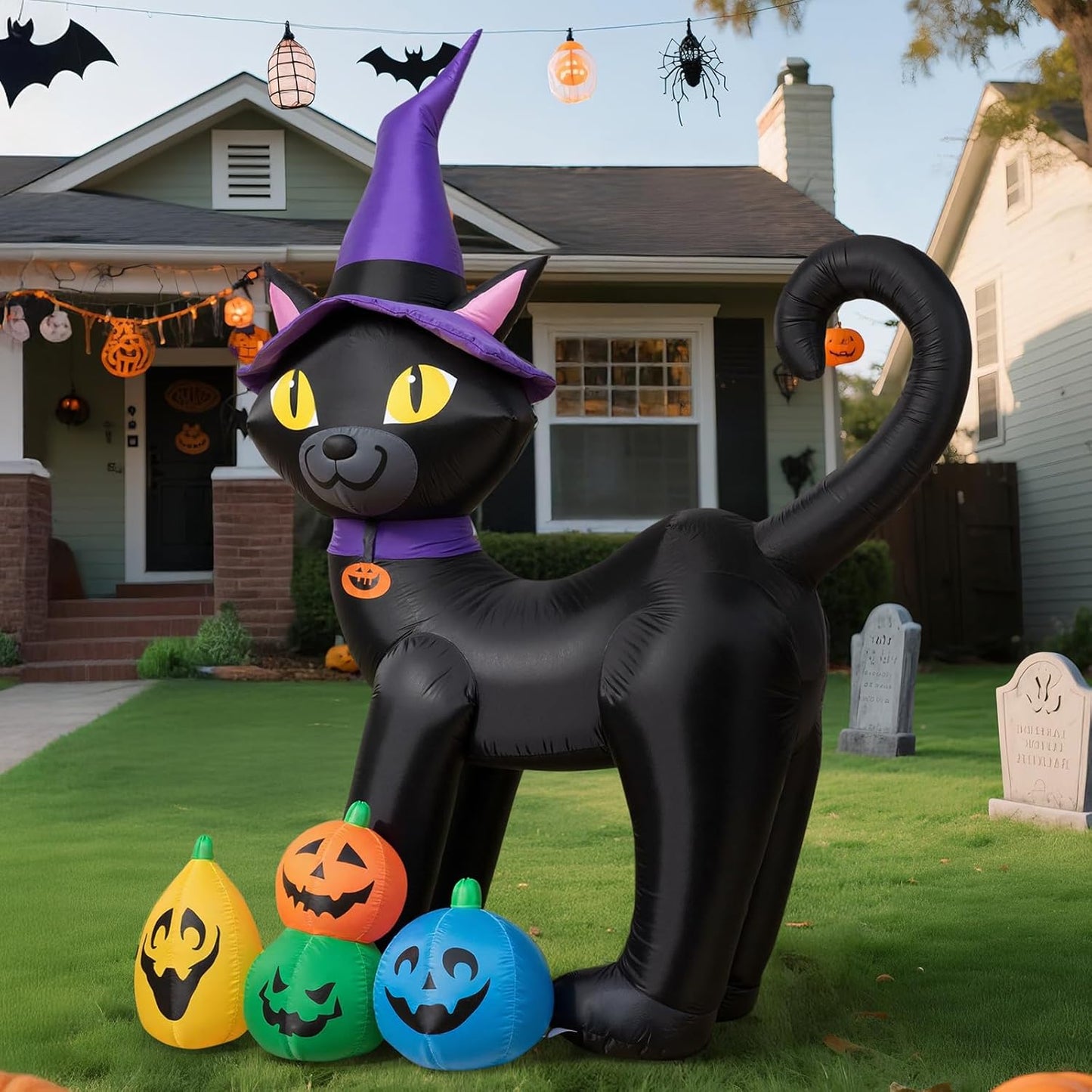6FT Halloween Inflatable Black Cat with Colorful Pumpkins