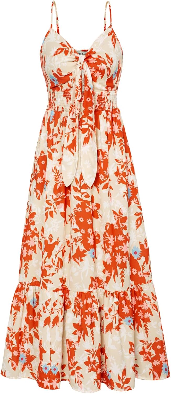 Summer Maxi Dress Floral Tie Front Spaghetti Strap Casual Boho