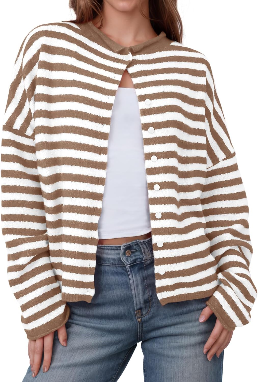 Saodimallsu Womens Striped Cardigan Lightweight Fall Sweater