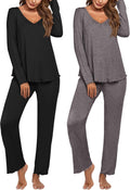 Ekouaer Womens 2 Pack Pajama Set V Neck Long Sleeve (Style LVJQ)