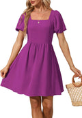 Women Puff Sleeve Square Neck Tie Back Dress - Flattering (Style 73Q8)