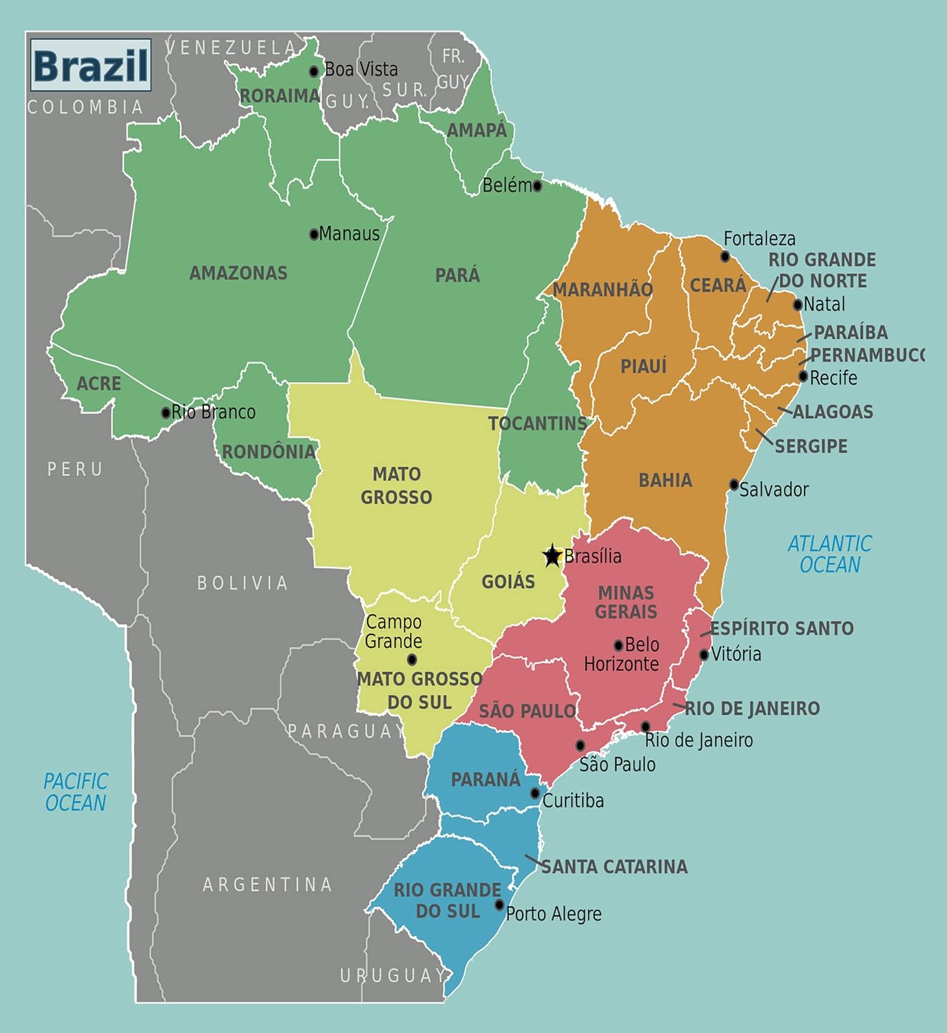 Brazil Regions Map - 22x24 Laminated Poster