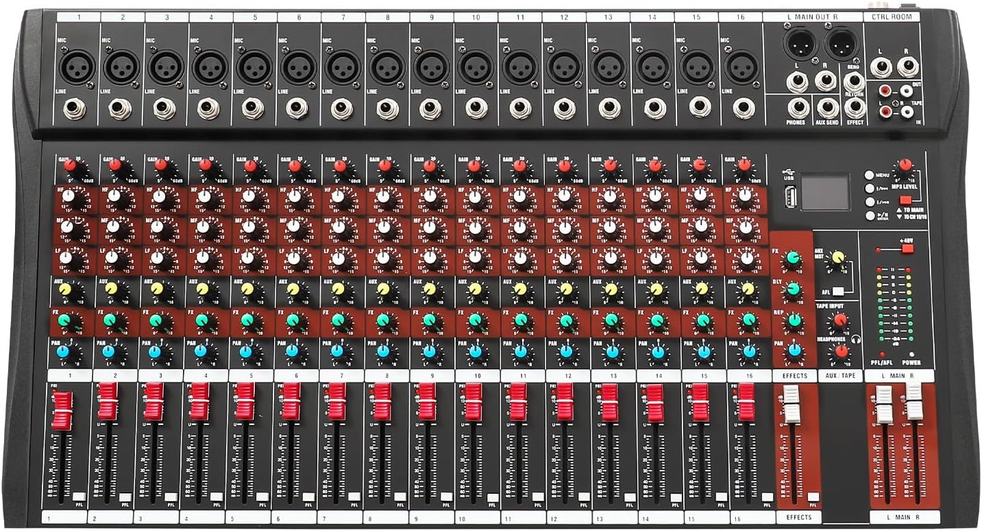 16 Channel Audio Mixer with Bluetooth and USB for DJs and Studios