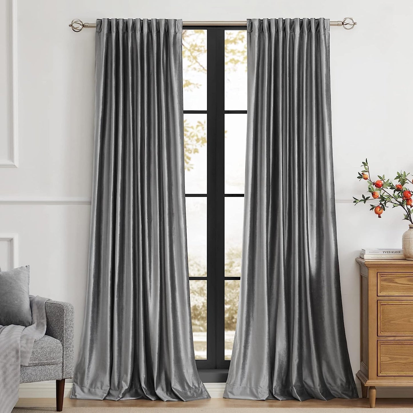 PRIMROSE Dark Grey Velvet Curtains for Living Room, 72 inch Long