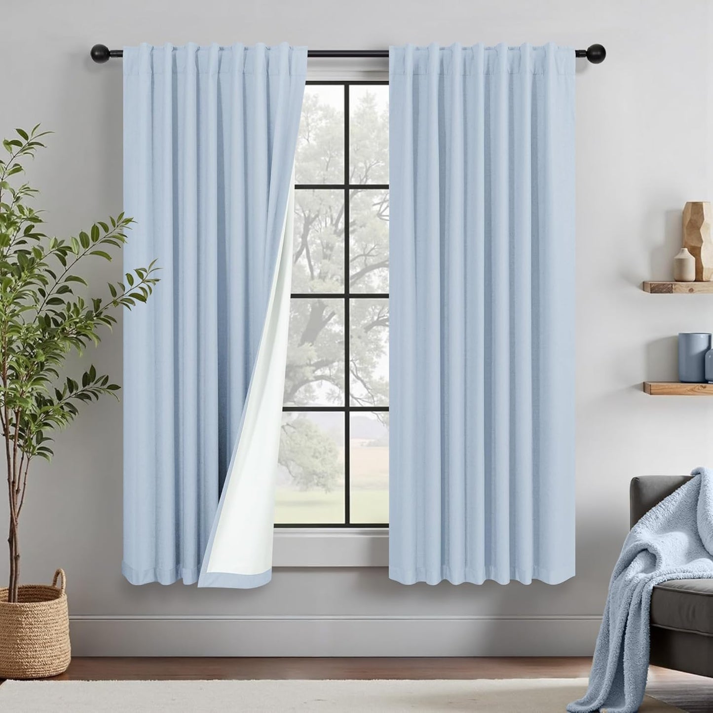 Light Blue Linen Curtains for Bedroom 63 Inch Length Panels