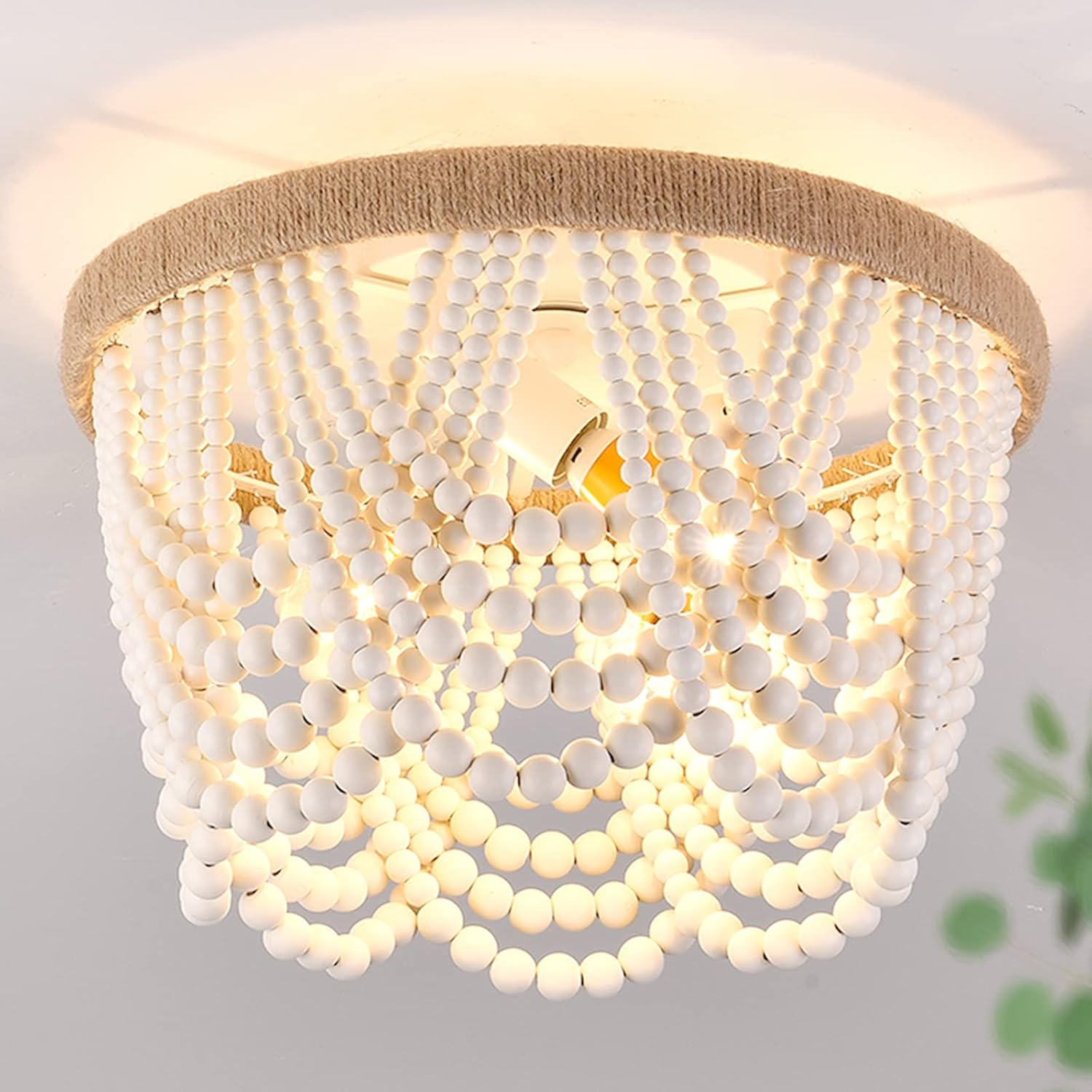 Wood Beaded Flush Mount Ceiling Light for Rustic Decor