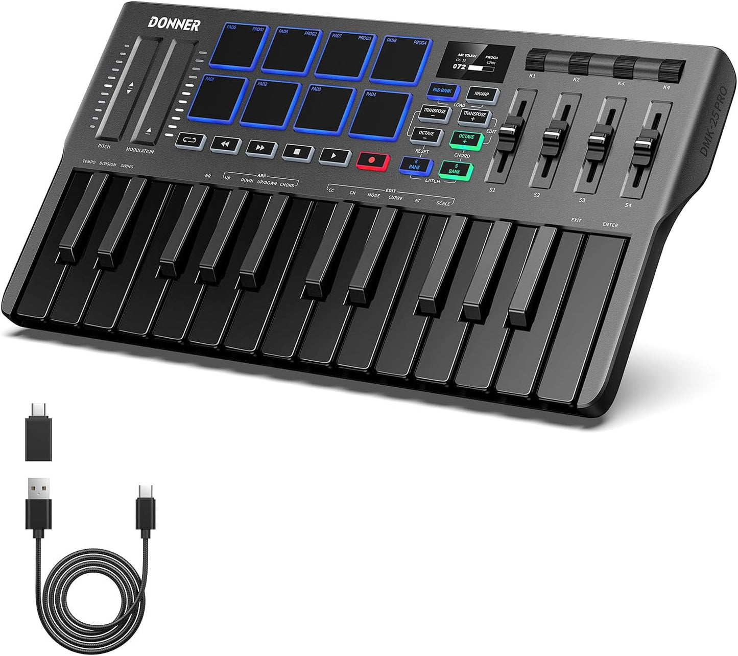 Portable Donner MIDI Keyboard - 25 Keys, 8 Drum Pads, OLED Display