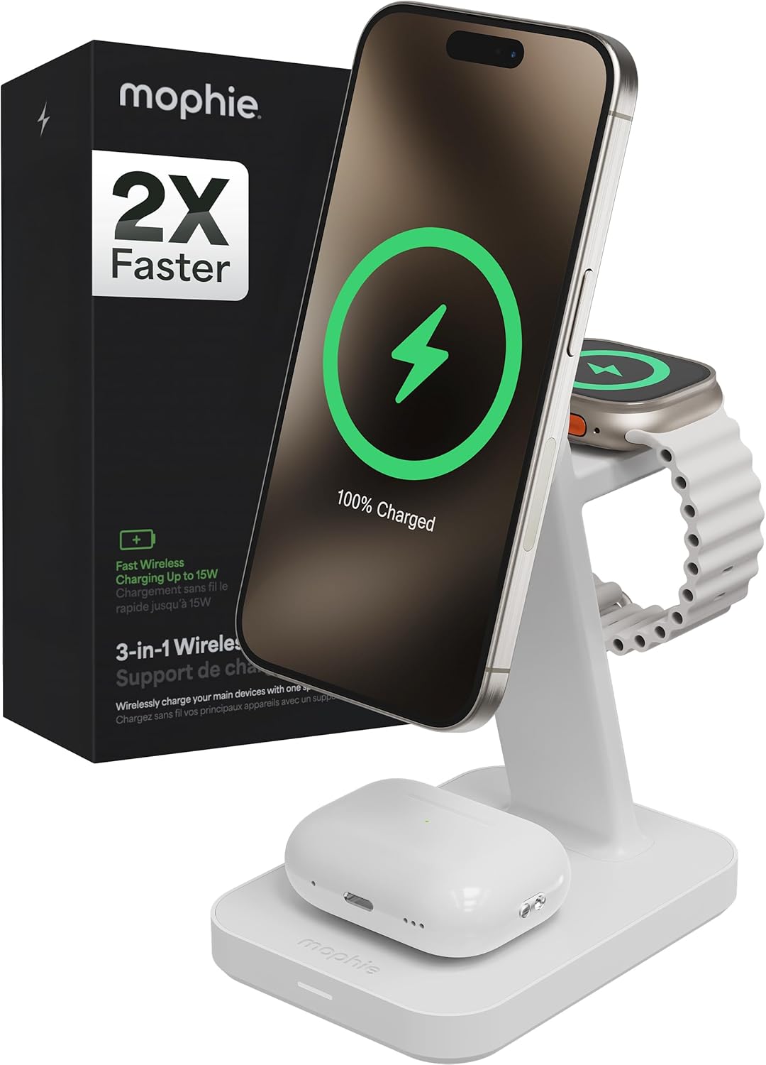 mophie Snap+ 3-in-1 Magnetic Charger - Fast Charge Multiple Devices, Eco-Friendly - White
