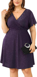 Plus Size Sparkly Wrap V Neck A-Line Mini Dress - Sizes 0X-4X