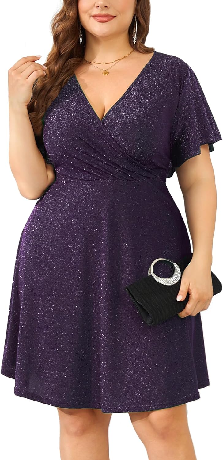 ZOMVA Plus Size Sparkly Glitter Wrap V Neck Mini Dress
