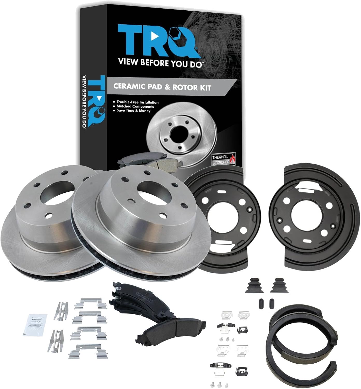 TRQ Rear Ceramic Pads Rotors Parking Shoes & Backing Plates Kit