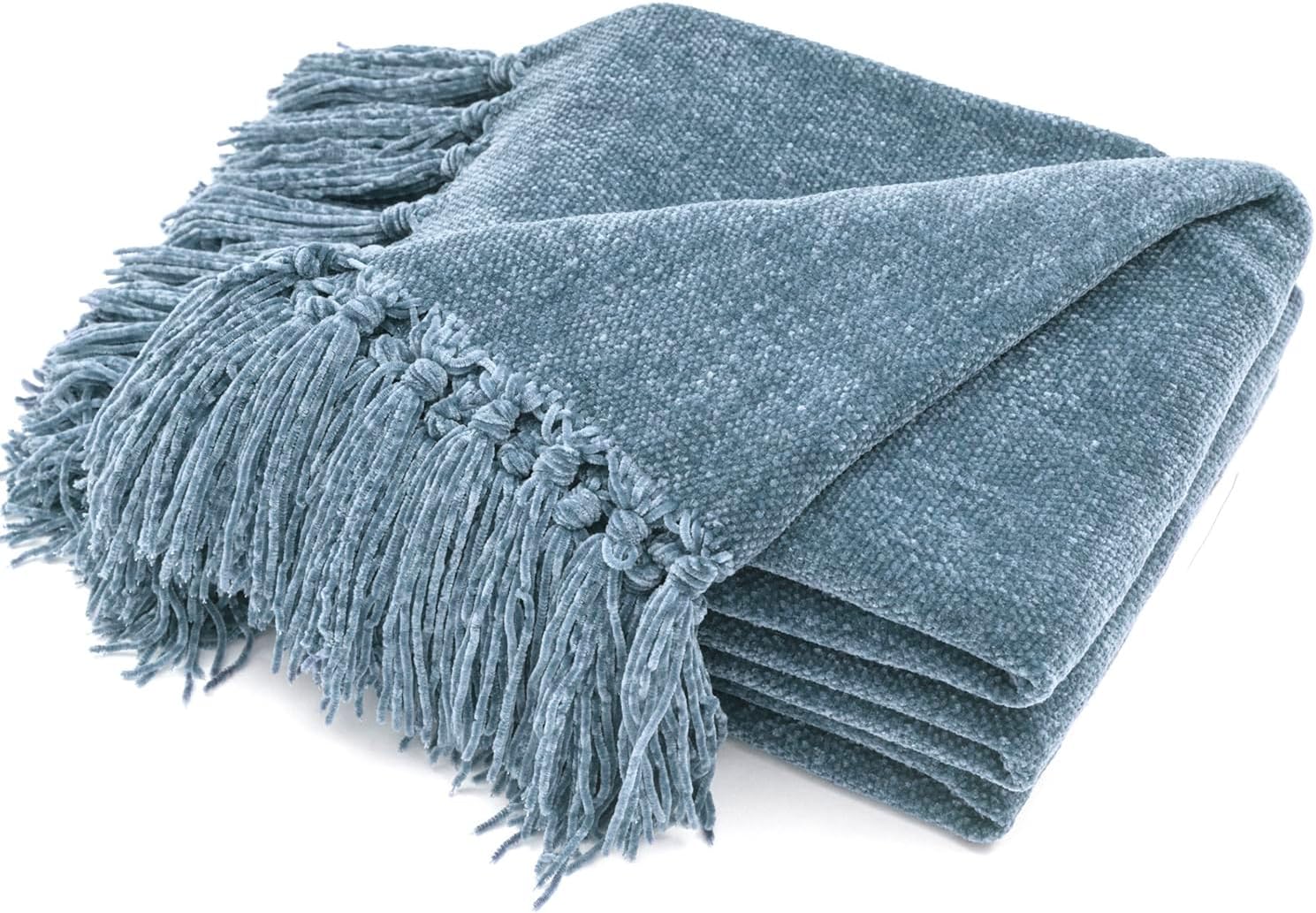 RECYCO Chenille Throw Blanket Soft Cozy with Fringe Tassel
