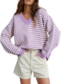 Women's Striped Checkered V Neck Sweater - Casual Fall Pullover