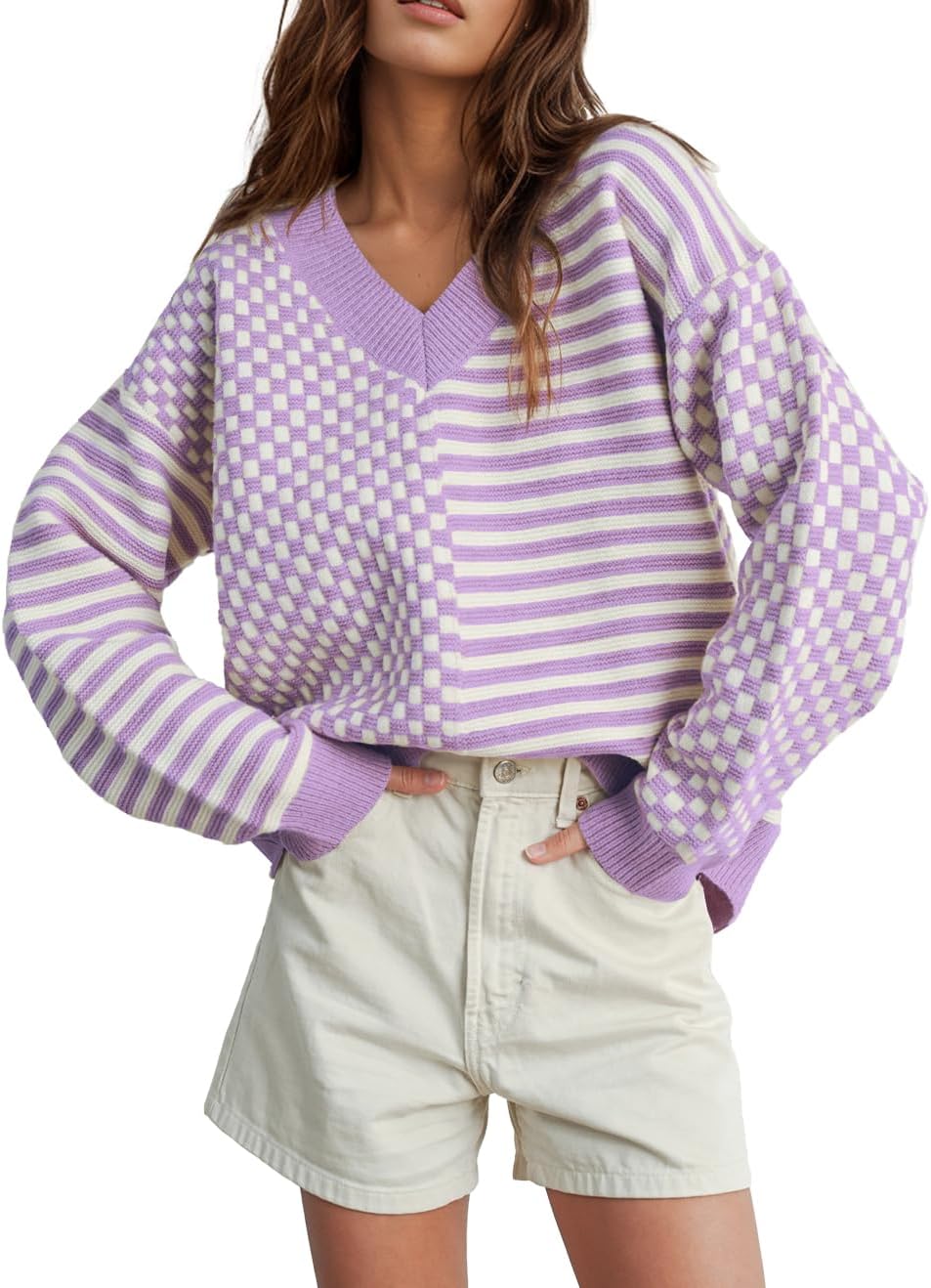 UNCLECAT Women's Striped Checkered Sweater for Trendy Style