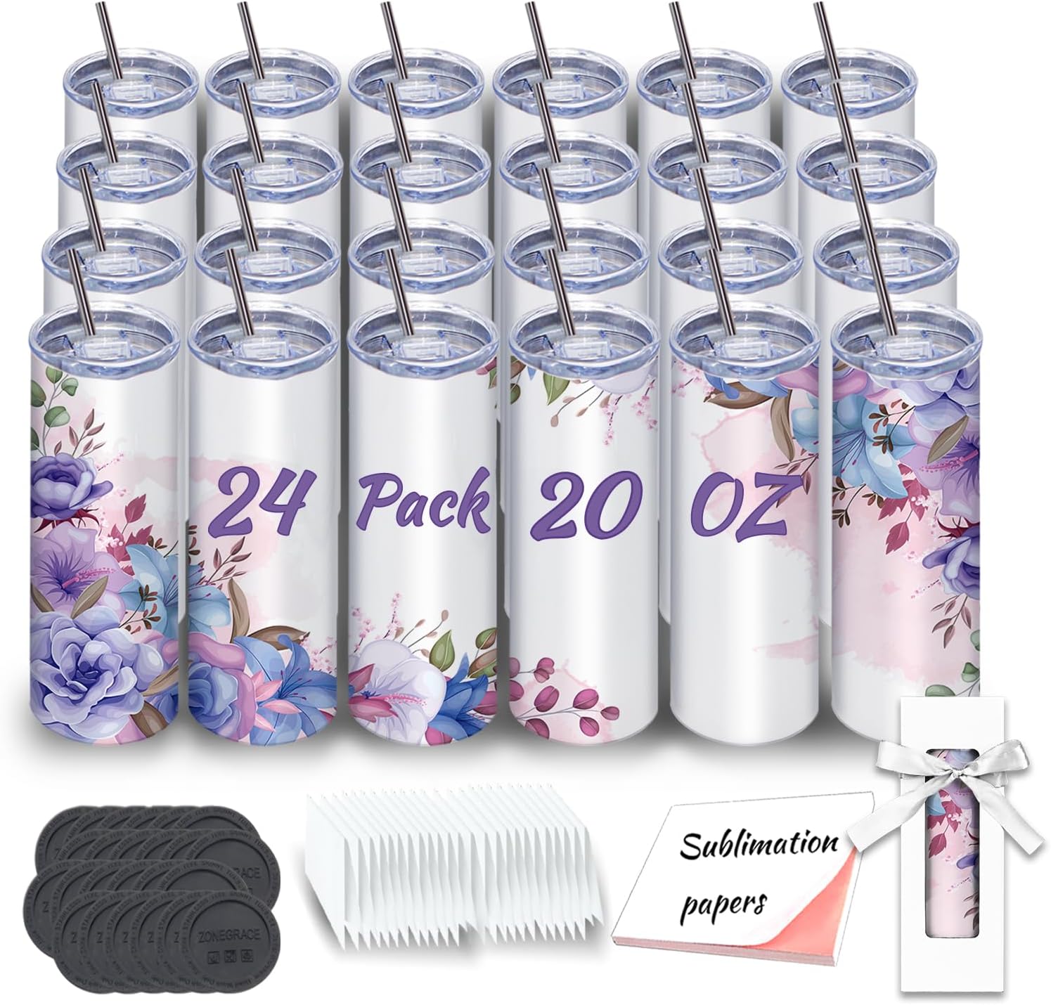 ZONEGRACE Sublimation Tumblers 20 oz Skinny 24 Pack
