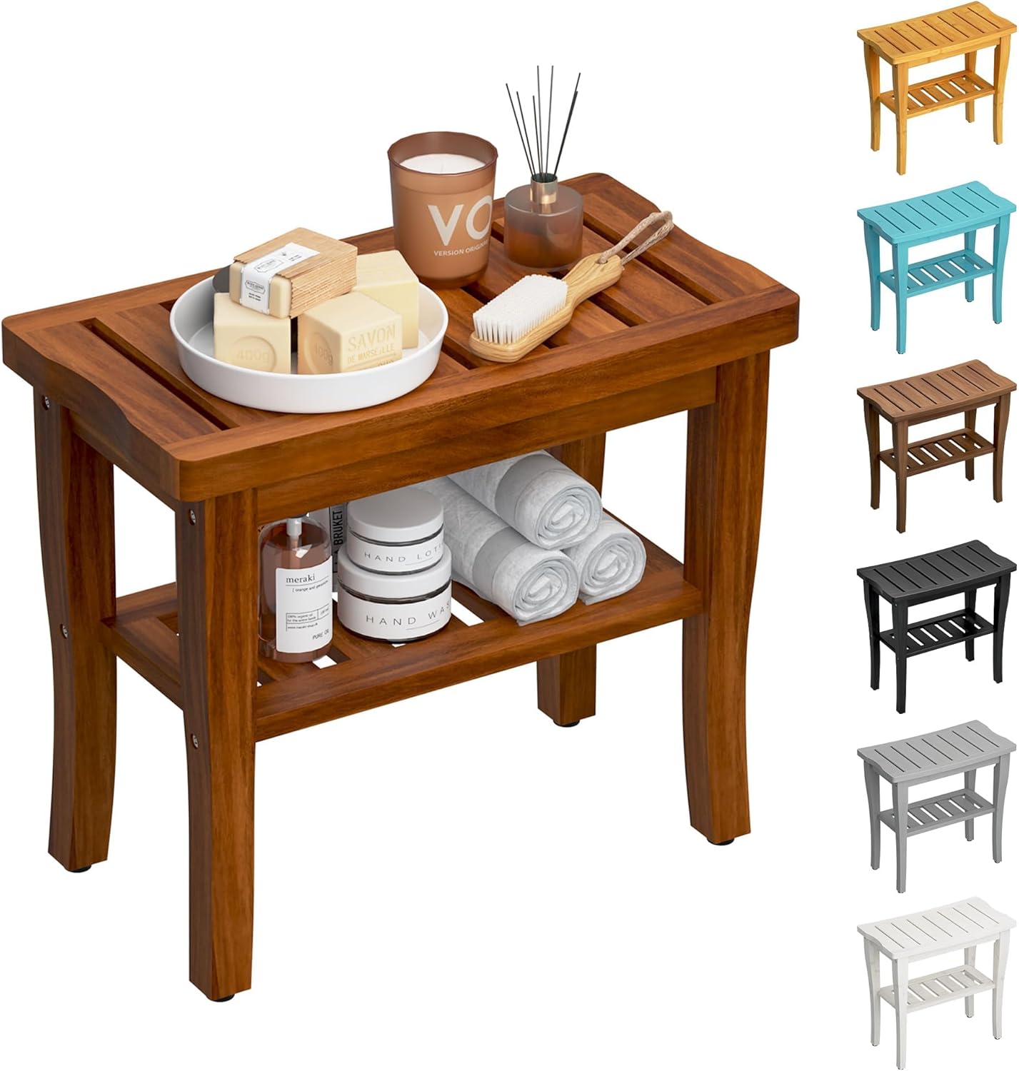 Teak Shower Bench Stool with Storage Shelf for Indoor Outdoor Use