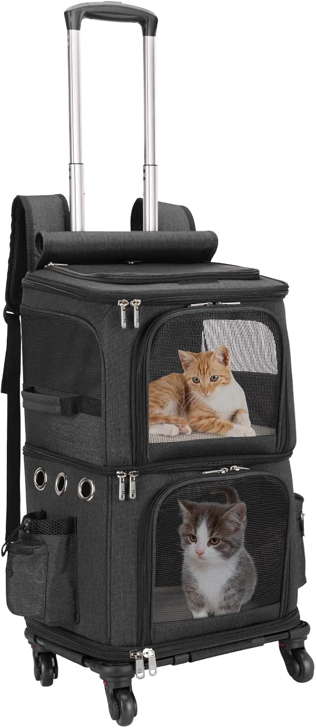 Double-Compartment Pet Carrier Backpack with Wheels for Travel