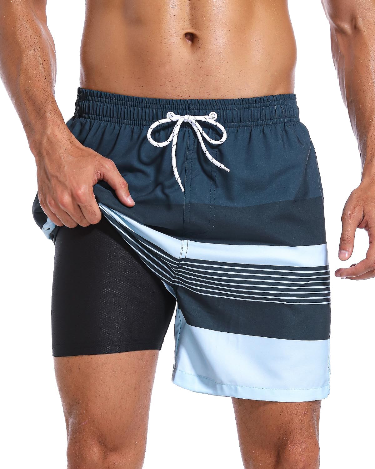 SILKWORLD Mens Swim Trunks with Compression Liner for Comfort