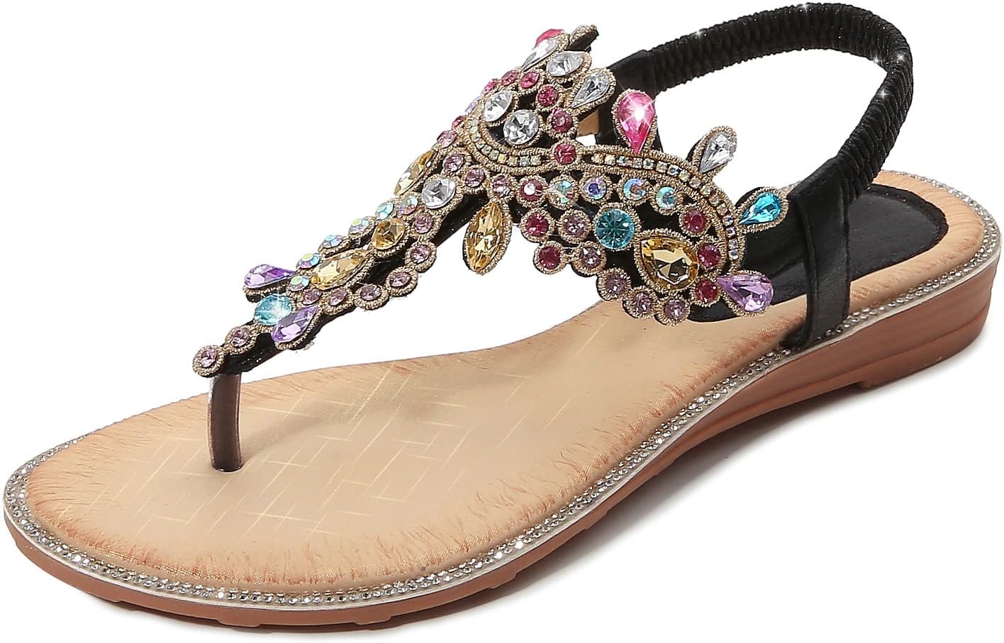 iCKER Women Rhinestone Sandals T-Strap Bohemian Pearl Style
