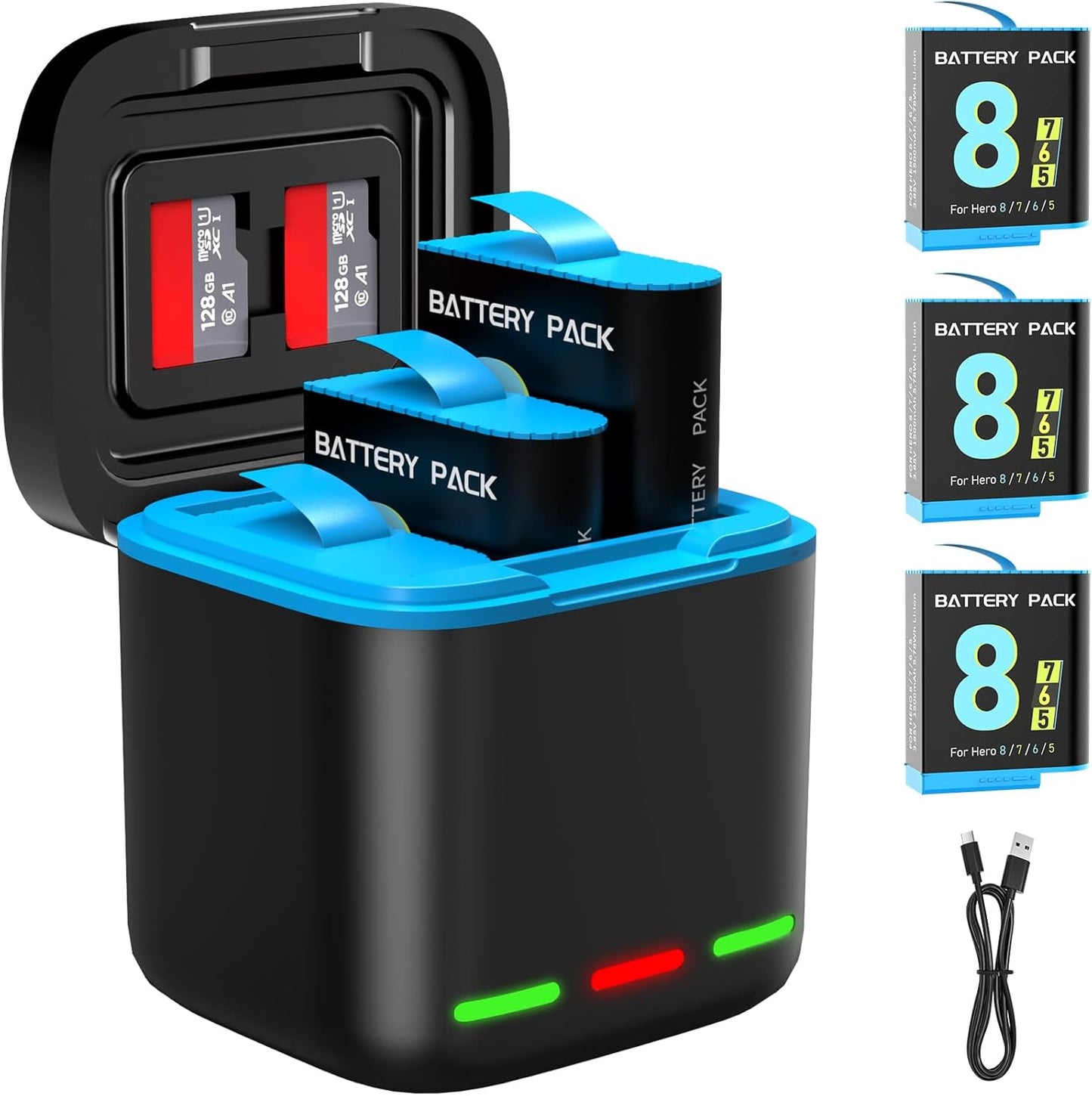 Battery Charger for Hero 8/7/6 with 3-Pack 1500mAh Batteries