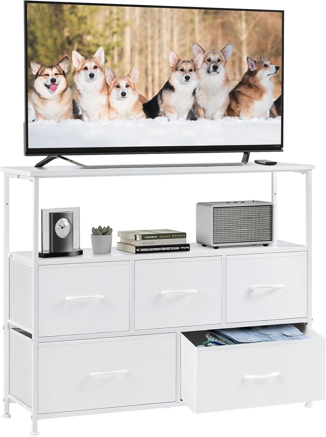 DUMOS TV Stand Dresser with 5 Fabric Drawers for Storage