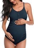 Maternity One Piece Swimsuit Ribbed Button Neck - Nursing Friendly
