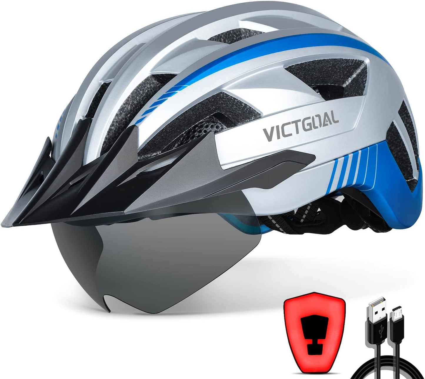 VICTGOAL Bike Helmet with Rechargeable Light and Goggles