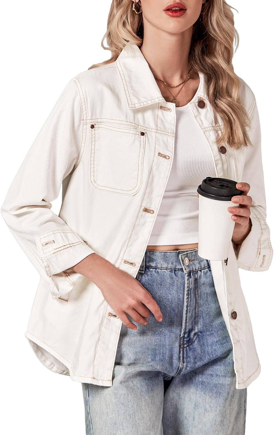 Trendy Long Sleeve Button Down Denim Jacket for Women