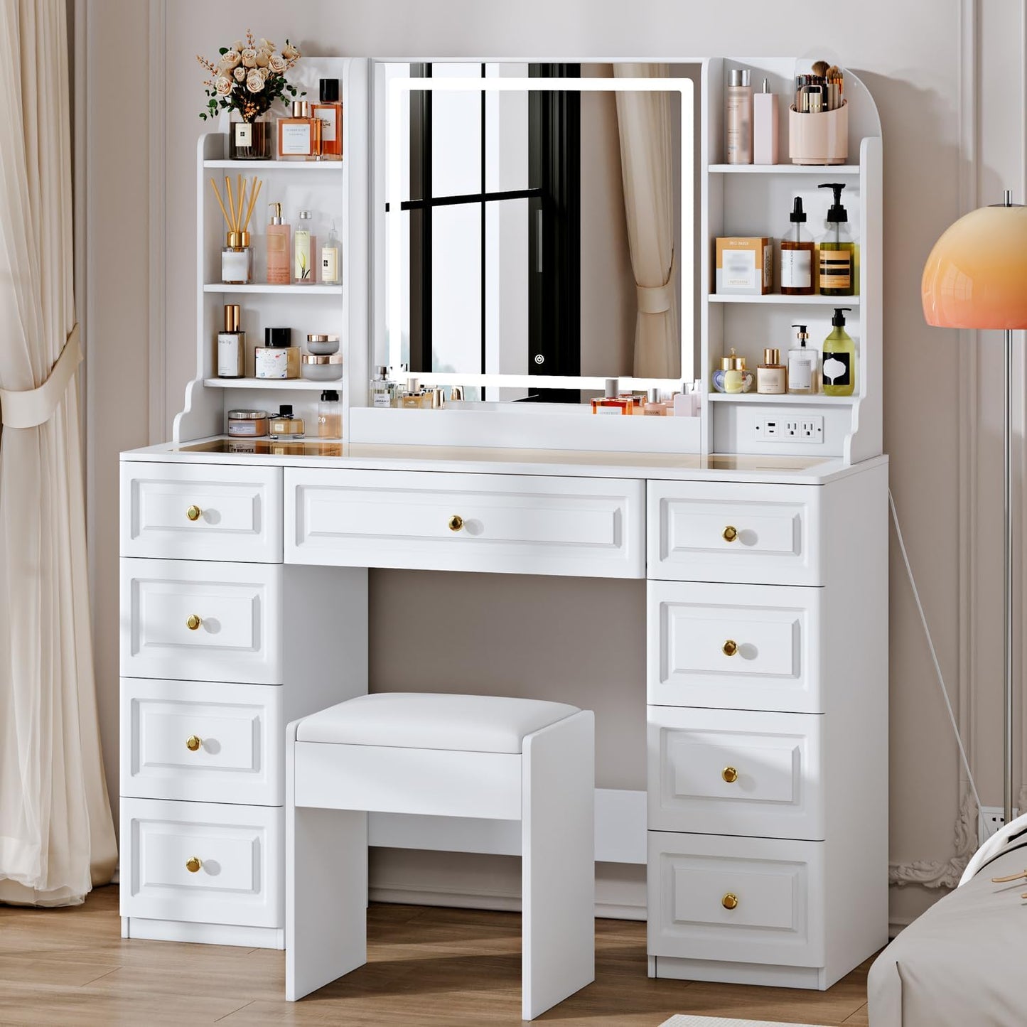White Makeup Vanity Desk - 9 Drawers, Glass Top, Lights