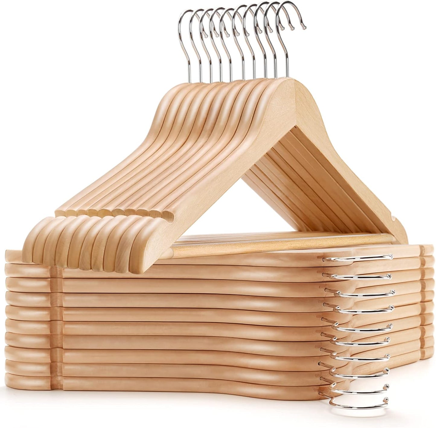 Natural Wooden Coat Hangers with Non Slip Pant Bar for Closet