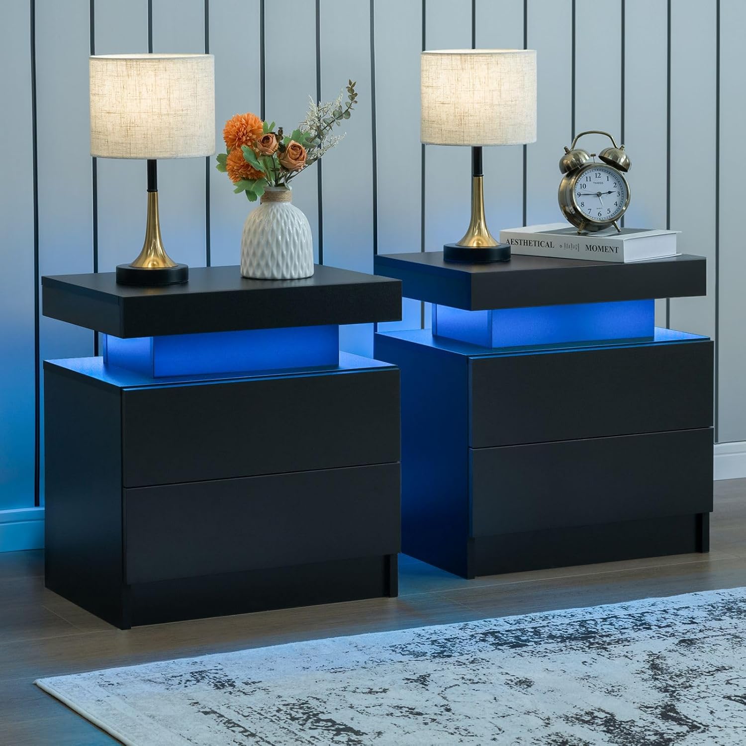 Black Nightstand Set of 2 with LED Light and Drawers for Bedroom