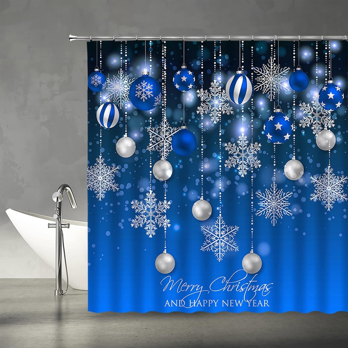 Blue Silver Xmas Balls Shower Curtain Set