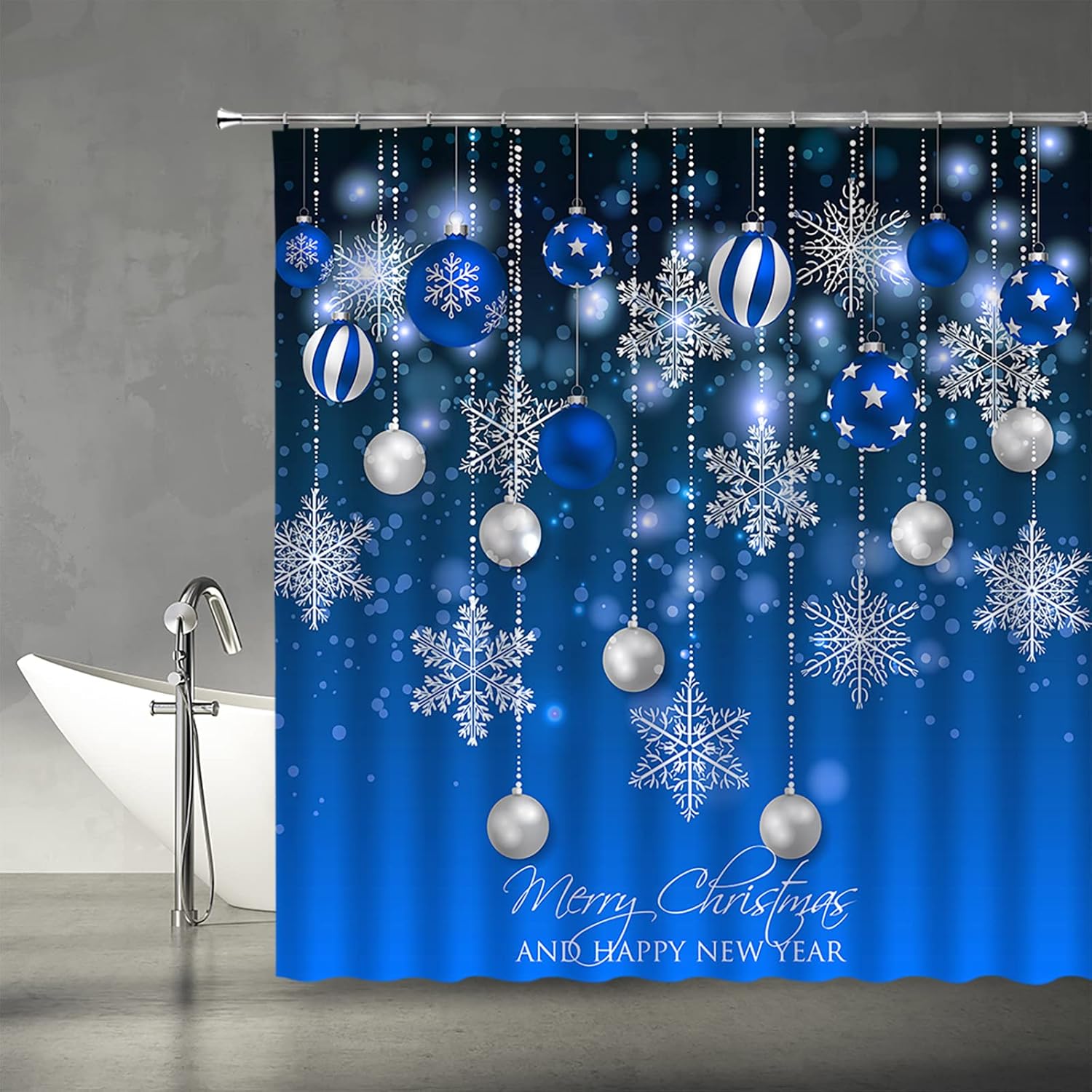 Blue Silver Xmas Balls Shower Curtain Set