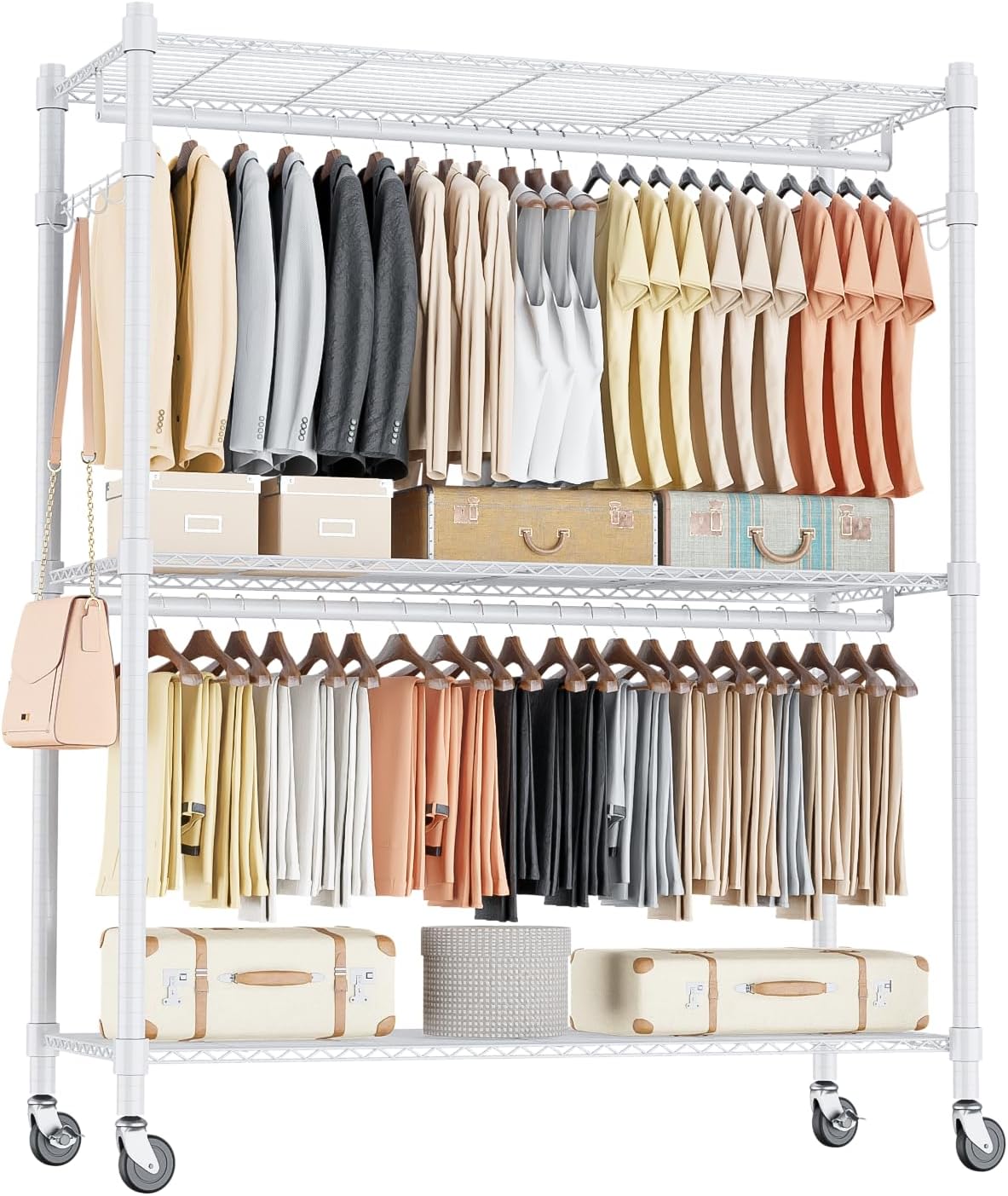 Homdox 3 Tier Garment Rack with Wheels for Heavy Duty Storage