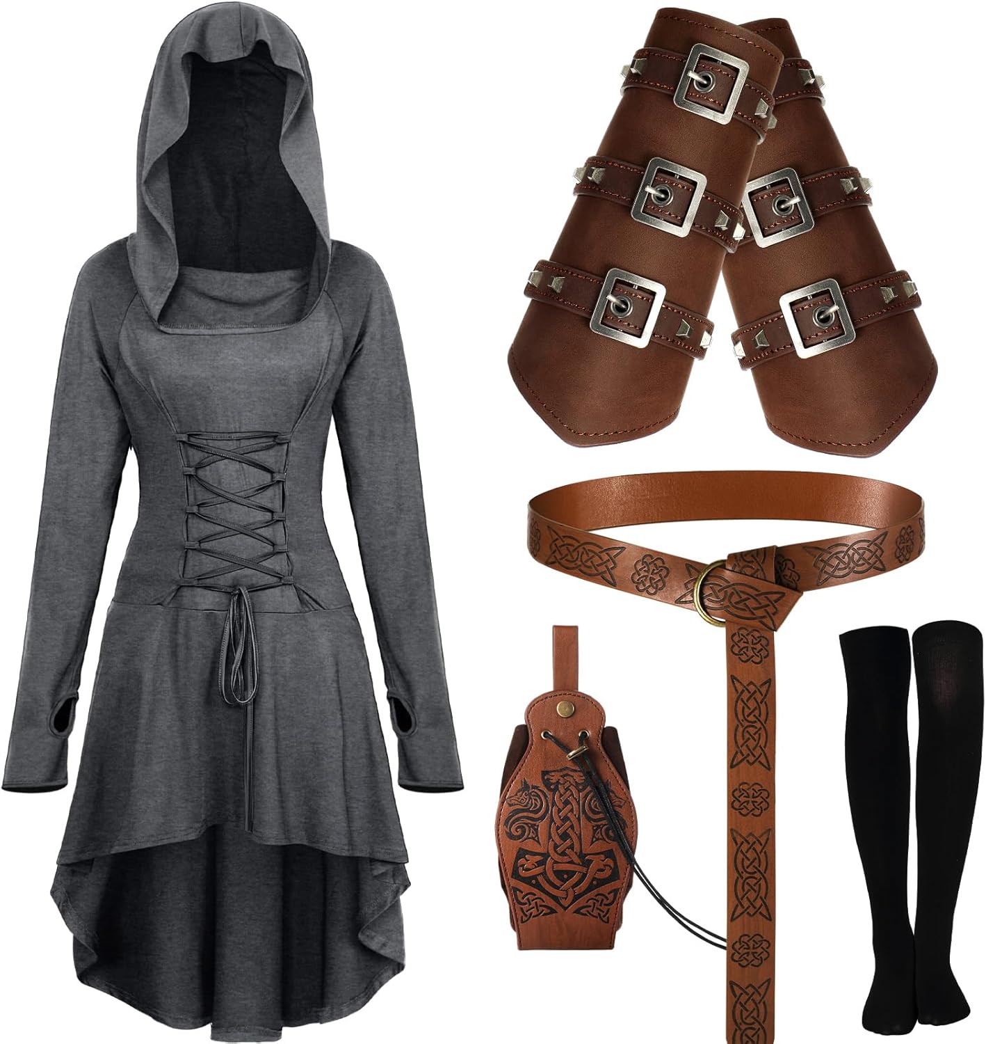 Suhine 5 Pcs Halloween Renaissance Women Costume Hooded Robe