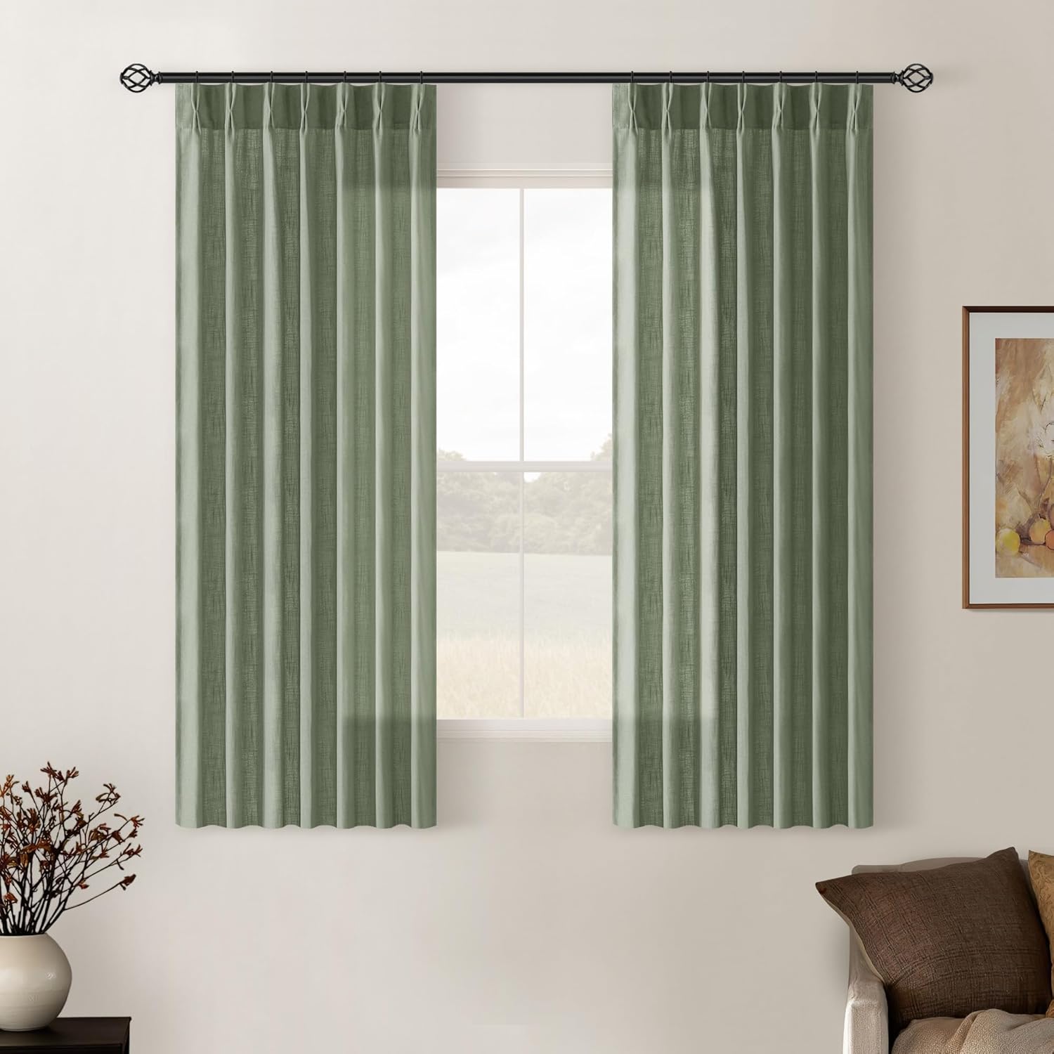 Sage Green Pinch Pleated Linen Cafe Curtains for Elegant Spaces