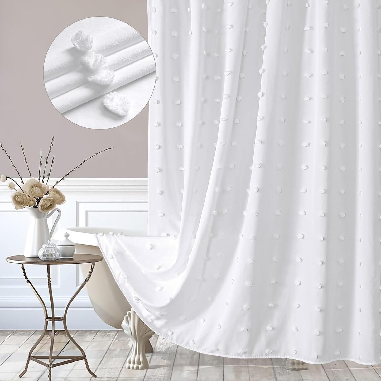 White Boho Shower Curtain, Rustic Floral Design, 72x72