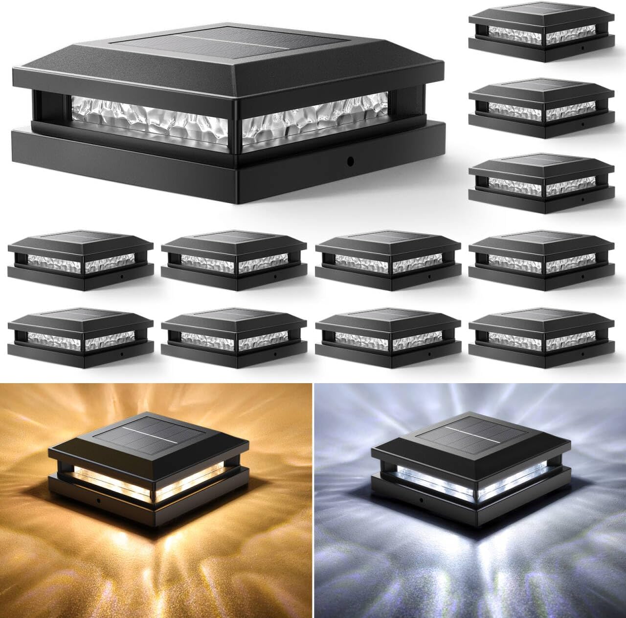 Solar Post Cap Lights for 4x4 4.5x4.5 5x5 Posts - 12 Pack