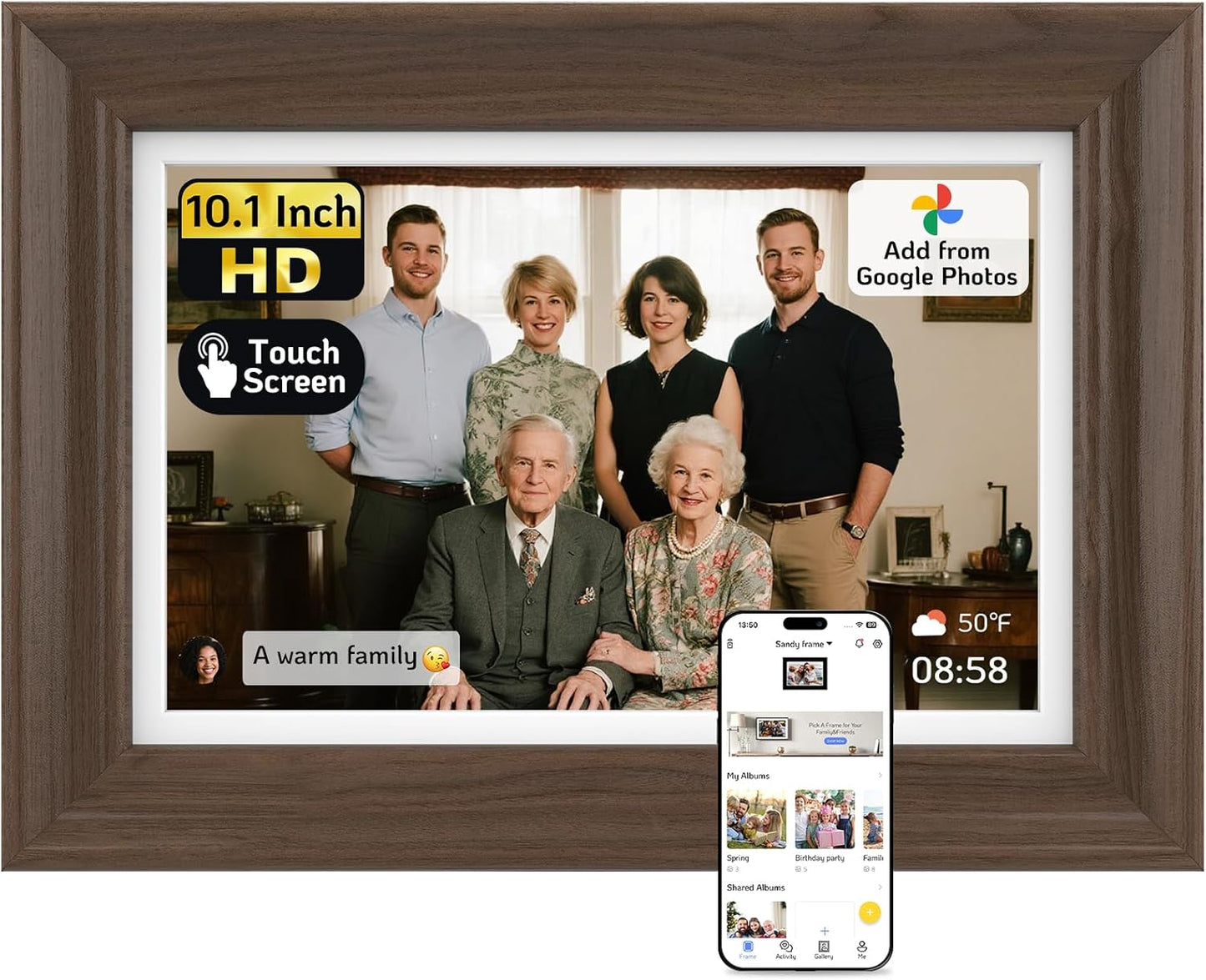 NexFoto 10.1 Inch Wood Digital Picture Frame with Touchscreen