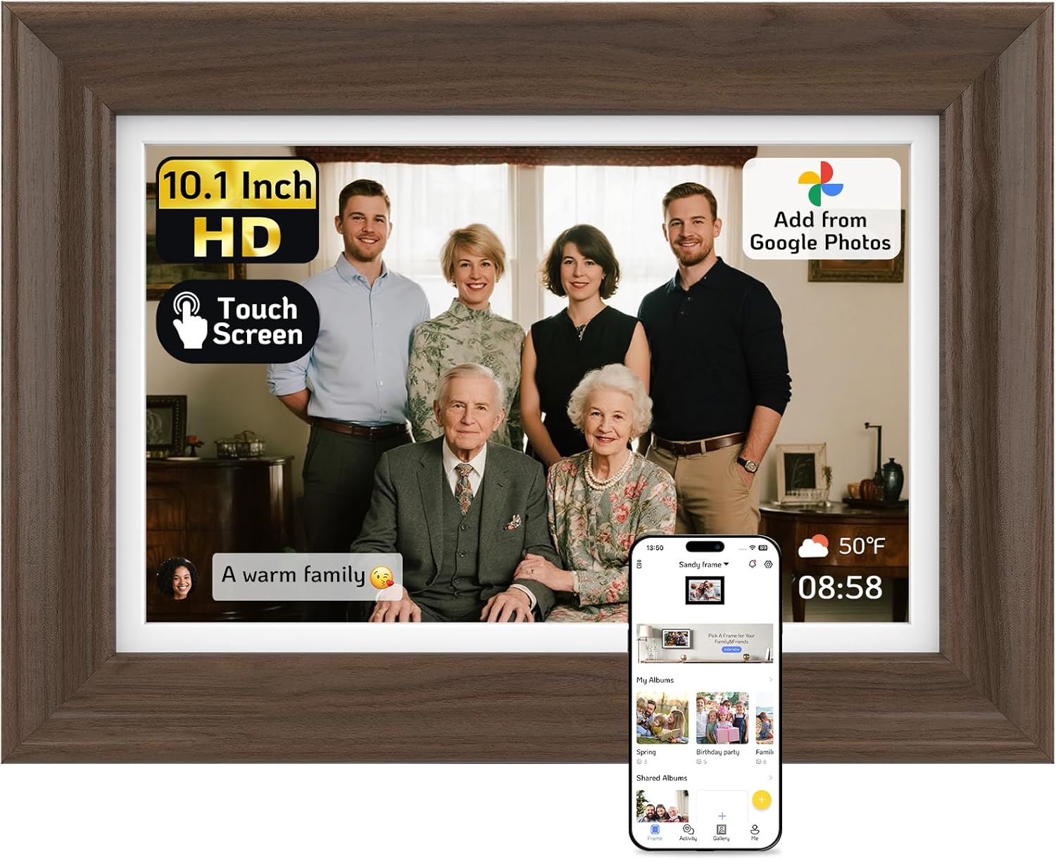 NexFoto 10.1 Inch Wood Digital Picture Frame with Touchscreen