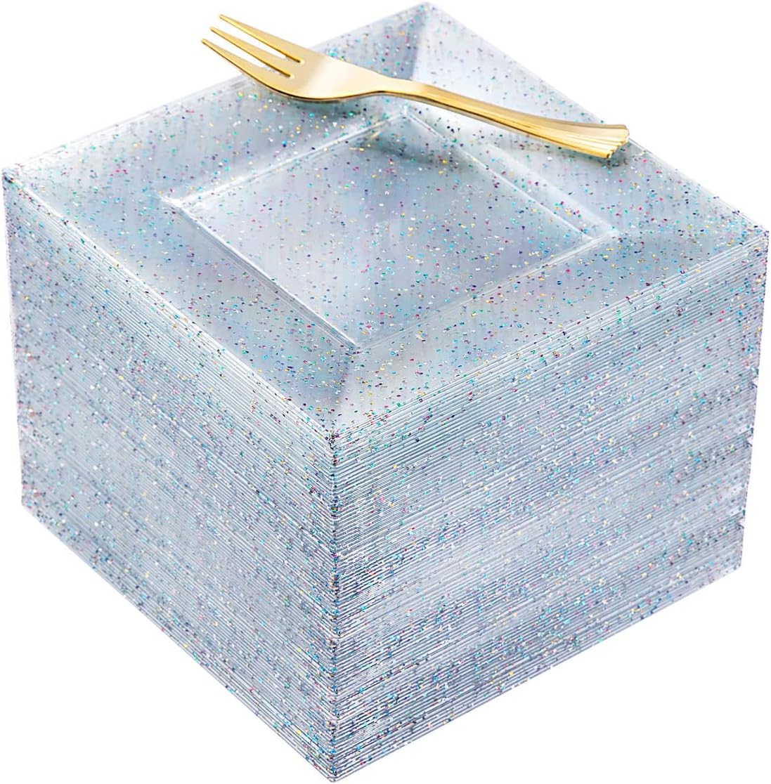 Supernal Plastic Square Plates for Parties - 100pcs 6in Glitter