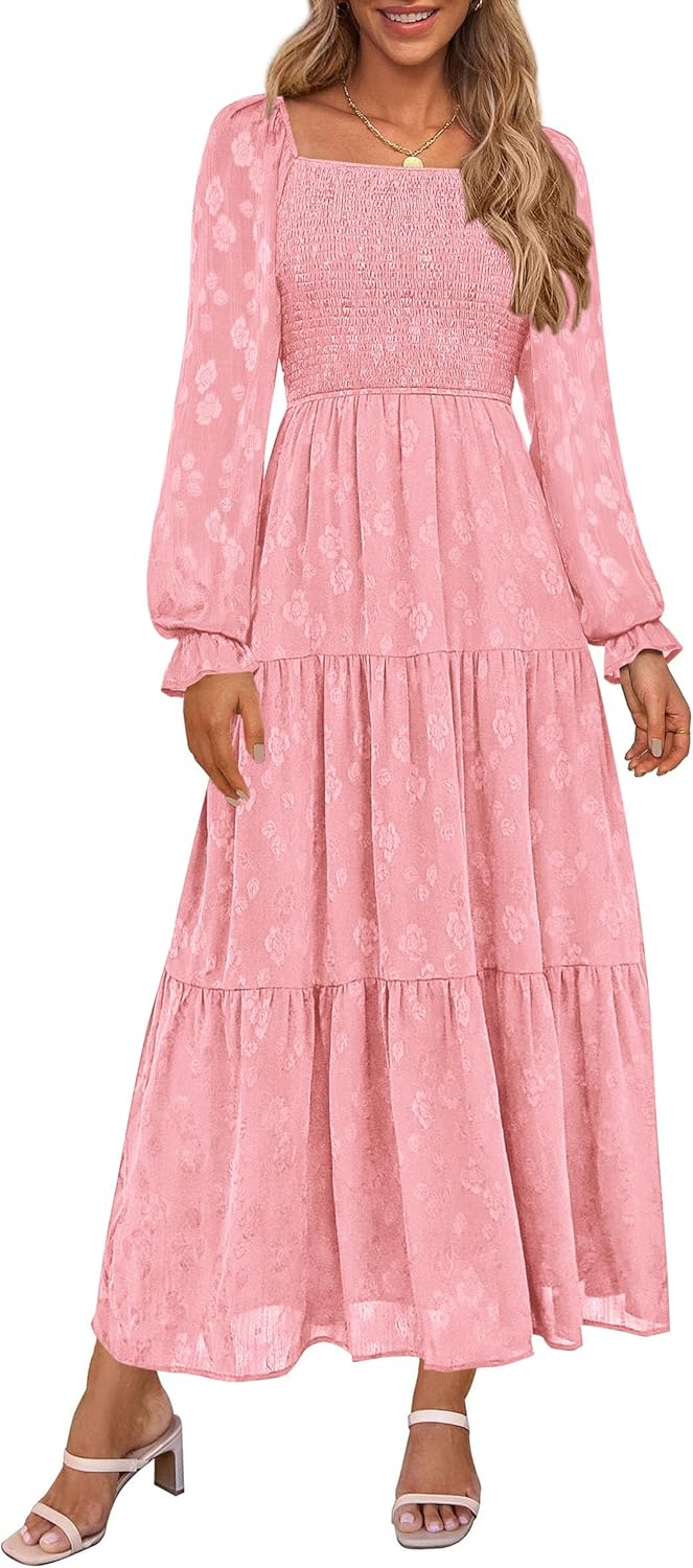 PRETTYGARDEN Floral Long Sleeve Smocked Tiered Dress for Women