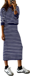 Women Two Piece Skirt Set Striped Sweater Dress - Cozy Fall 2025