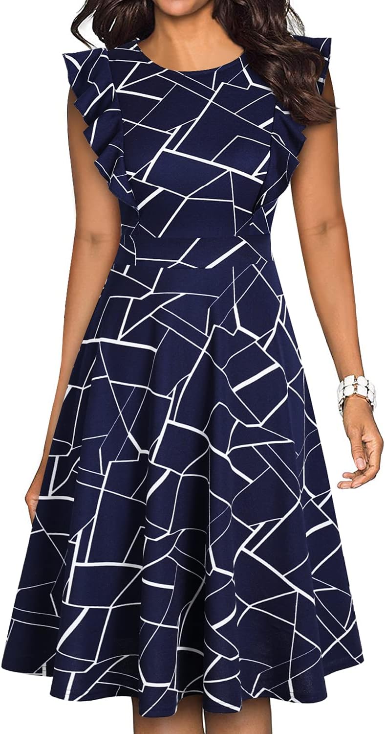 YATHON Women's Vintage Ruffle Floral Flared A Line Swing Dress